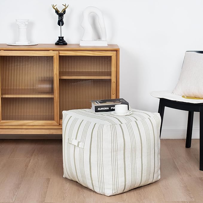 AELS Unstuffed Farmhouse Pouf Cover for Living Room, Storage Bean Bag Cubes, Off Beige & Light Brown Stripes Linen Square Ottoman Pouf Foot Rest Footstool, 18"x18"x18", Cover ONLY