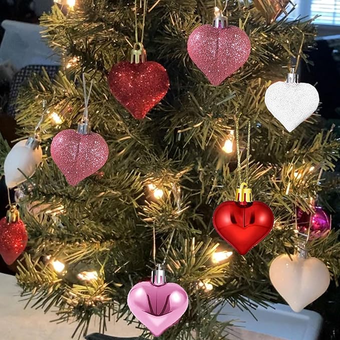 Valentine's Day Heart Ornaments for Tree - Valentine Ornaments Valentines Tree Decorations - Glitter Rose Gold Red White - Mini 24 Pcs