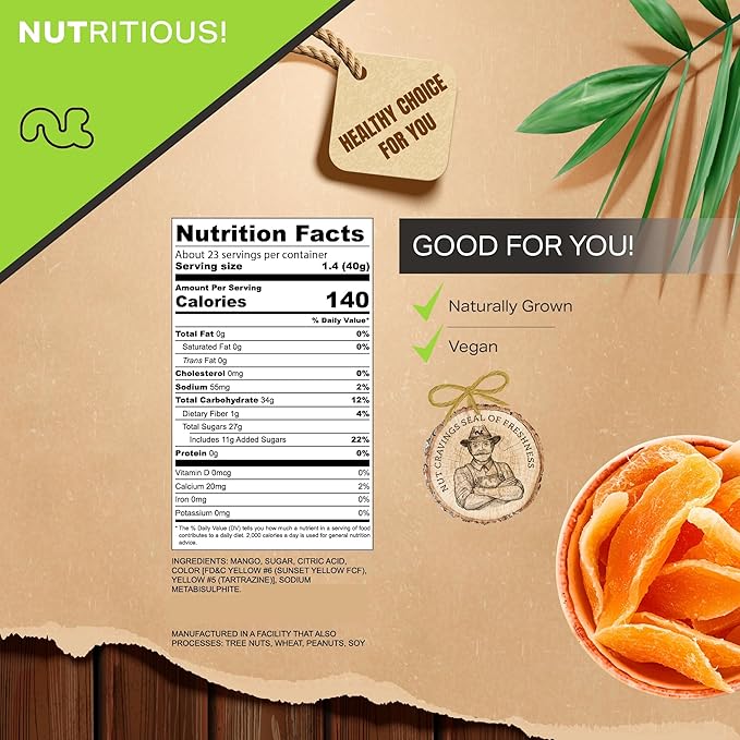 NUT CRAVINGS - Dried Mango Slices, Lightly Sweetened (32oz, 2 LB) Tu Bishvat Favorite - Sweet Healthy Snack, Vegan, Kosher, Resealable Bag