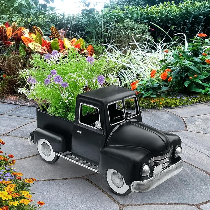 Farmhouse Black Truck Decor, Metal Pickup Farm Trucks Planter Car Model, Vintage Truck Christmas Decoration,Decorative Tabletop Storage