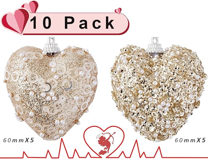 Champagne Christmas Ball Heart Ornaments 10Pcs Glitter Sequin Heart Shaped Baubles Decoration Valentines Pearl Foam Hanging Decor(2.36in)