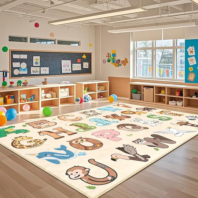 Kids Rugs for Playroom - 6x9 Feet ABC Alphabet Rug for Classroom Preschool Educational Learning Animals, Kids Room Rugs Toddler Nursery Kindergarten Decor, Beige