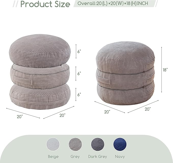 HIGOGOGO Pouf Ottoman Stuffed Round Modern Foam Filled Foot Rest Poufs 20 X 18 Inches Modular Ottomans Separated Into Floor Cushions for Living Room Chair Decorative Stool, Grey