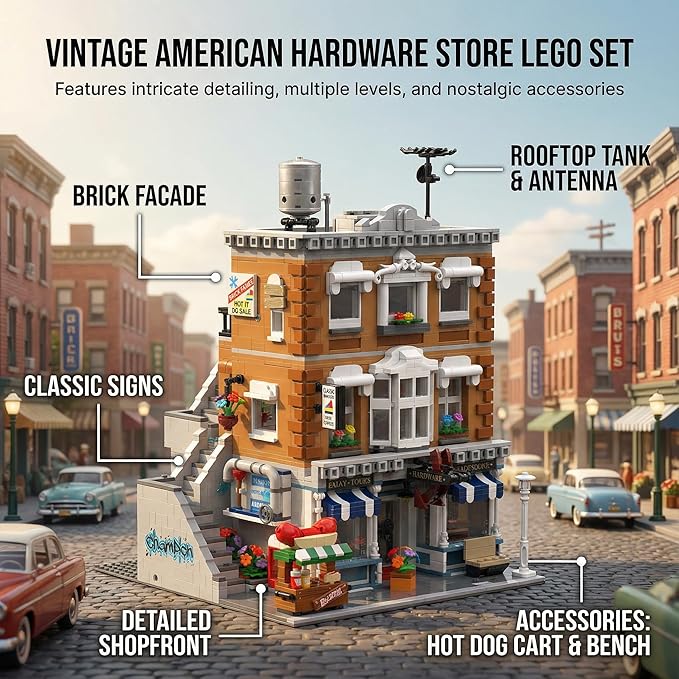 Vintage American Hardware Store Building Blocks, 3-Story Modular Street View with Hot Dog Cart & 7 Figures, 3642 Pieces Adult Building Kit, Collectible City Architecture Model