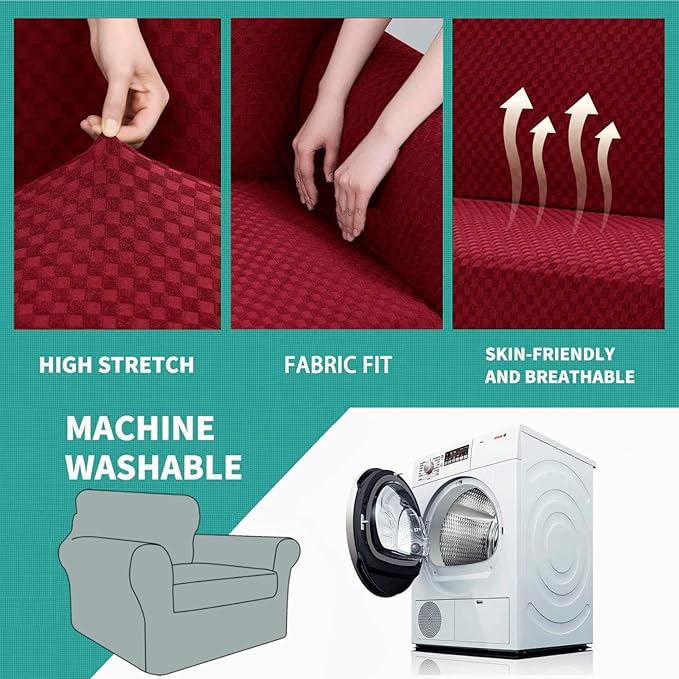 YEMYHOM Latest Checkered 2 Pieces Chair Covers for Living Room High Stretch Thickened Chair Slipcovers with Arms Elastic Armchair Sofa Couch Slipcover Protector (Wine Red), 31"-46"(1 Cushion)