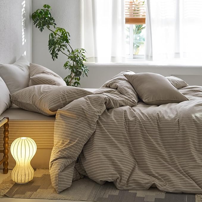 MooMee Striped Duvet Cover Set 100% Washed Cotton Linen Like Textured Breathable Durable Soft Comfy (Tannish Linen Grey White Wide Stripes, Super Queen 90"x98")