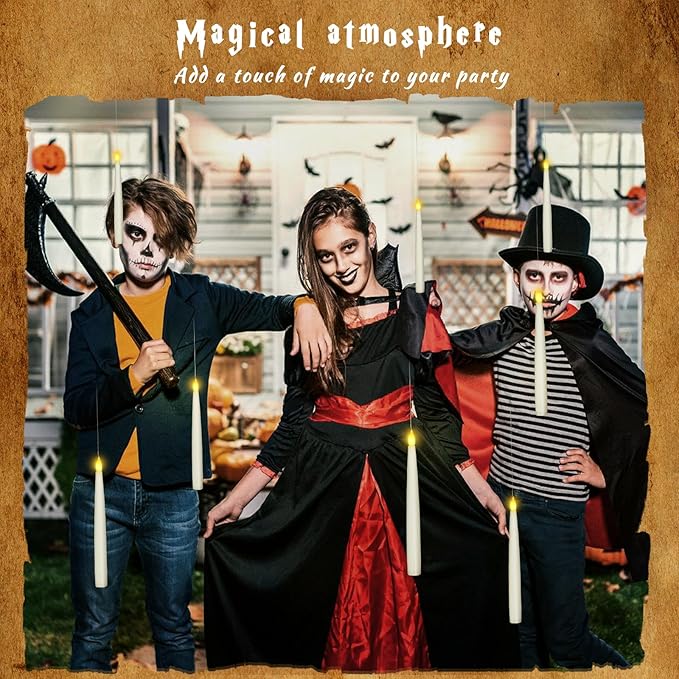 20PCS Floating Candles with Wand, Magic Hanging Candles, Flickering Warm Light LED Taper Flameless Candles with Wand Remote, Battery Operated Window Candle for Halloween Decorations Best Gift