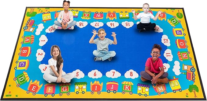 Classroom Rug Kids Carpet Blue Library Carpet ABC Educational Elementary School Daycare Nursery Rug ABC Numbers Reading Alphabet Classroom Area Rug, 7.5 x 13 ft