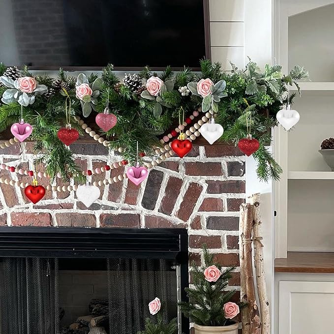 Valentine's Day Heart Ornaments for Tree - Valentine Ornaments Valentines Tree Decorations - Glitter Rose Gold Red White - Mini 24 Pcs