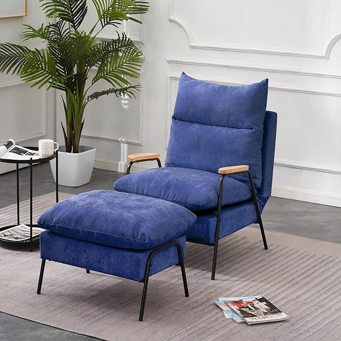 MCombo Accent Recliner Chair with Ottoman, Modern Fabric Armchair, Upholstered Sofa Bed for Living Room Bedroom, Small Space 4055 (Black Frame, Blue)