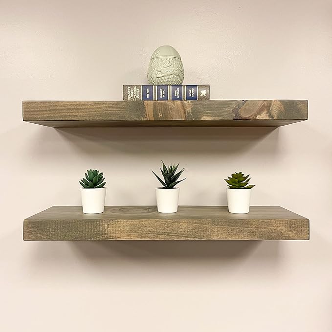 URBANDI, Rustic Floating Shelves, Set of 2, Hidden Bracket, Solid Wood, Heavy Duty, Wall Mounted Shelves, (Grey, 48Wx10D)