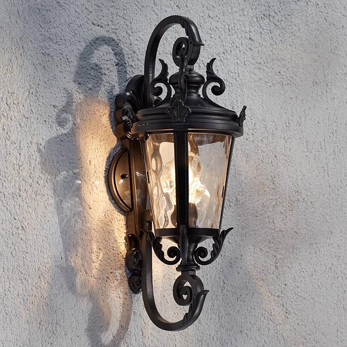 John Timberland Marseille Traditional Outdoor Wall Light Fixture Black Steel Scroll 19" Clear Hammered Glass Downbridge Arm for Exterior House Porch Patio Outside Deck Garage Front Door Home
