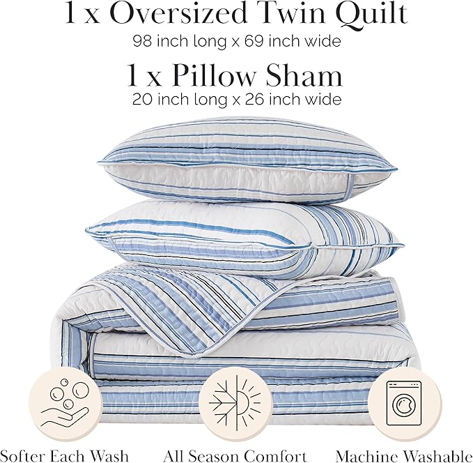 Southshore Fine Living, Inc. Oversized Queen Quilt Set, Striped Blue/White Quilt Bedspread Queen/Full, 3-Piece Coastal Bedding Set with Lightweight Coverlet and Matching Quilted Shams, Blue Stripes