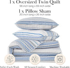Southshore Fine Living, Inc. Oversized Queen Quilt Set, Striped Blue/White Quilt Bedspread Queen/Full, 3-Piece Coastal Bedding Set with Lightweight Coverlet and Matching Quilted Shams, Blue Stripes