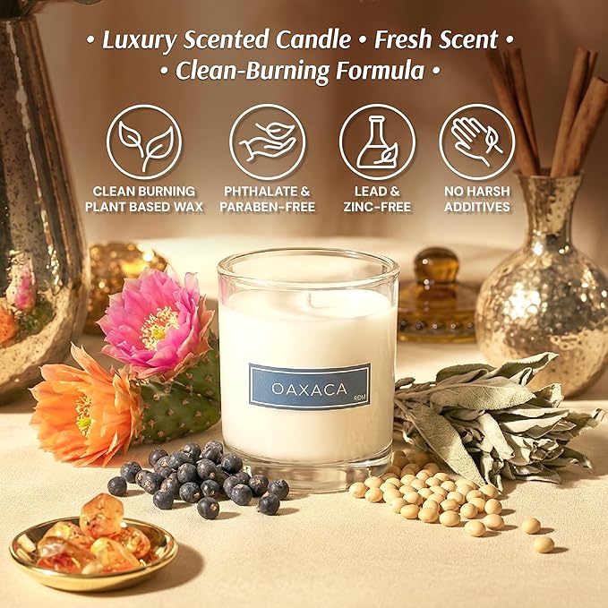 Oaxaca Luxury Scented Candle for Home - Holiday Christmas Candle, Long-Lasting 60hr Burn, Hand-Poured Soy Wax, Cactus Flower, Juniper Berry, Sage & Agave, Best Gift Jar Candles for Men & Women - 9oz