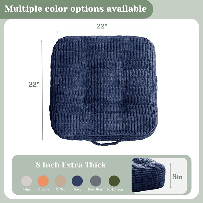 8" Washable Floor Pillow Cushion for Adults, Meditation Cushion Pillow, Removable Tufted Blended Corduroy Cover, Large Square Floor Sitting for Tatami Living Room or Yoga, 2Pack, Machine Washable