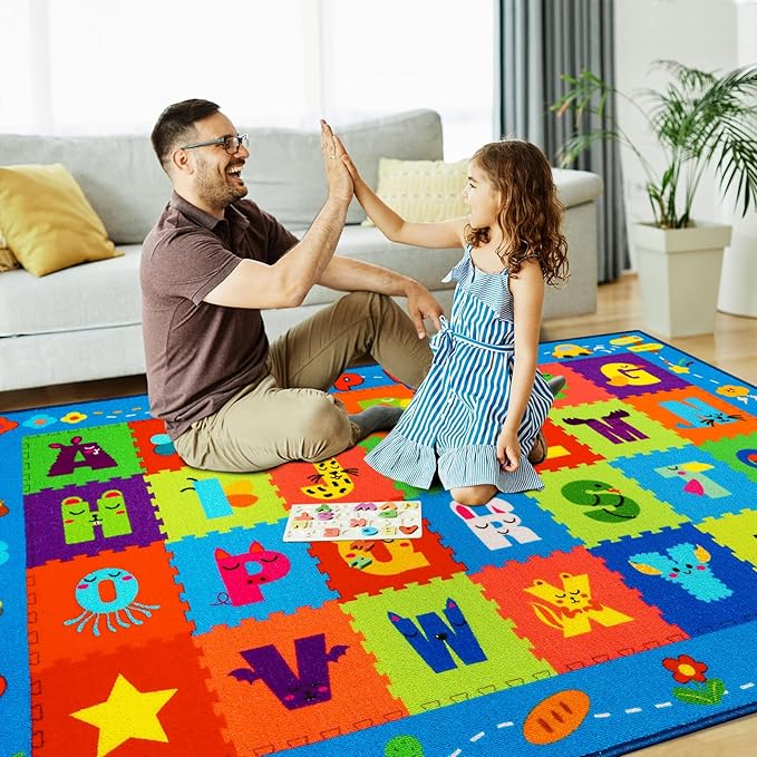 ABC Kids Rug, Kids Carpet for Playroom, Classroom Carpet with Anti-Slip Back, Educational Preschool Rugs with ABC, Numbers, Animals Colors, Shapes, Extra Large Thick (59'' x 39.4", Style 8)