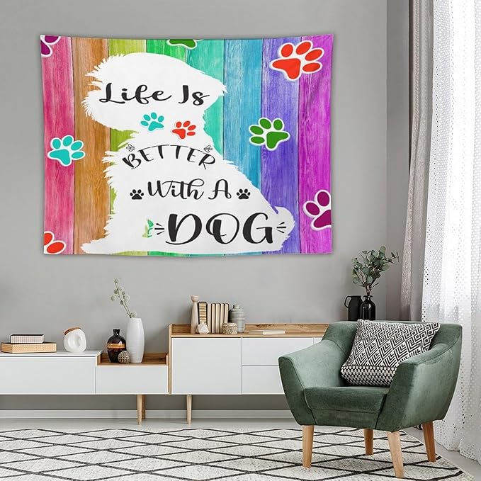 VUMIVI Cute Dog Tapestry Rainbow Color Planks Rustic Farmhouse Home Decor Pet Paws Tapestry Wall Hanging for Living Room Bedroom Dorm Classroom Aesthetic Decor W80xL60in