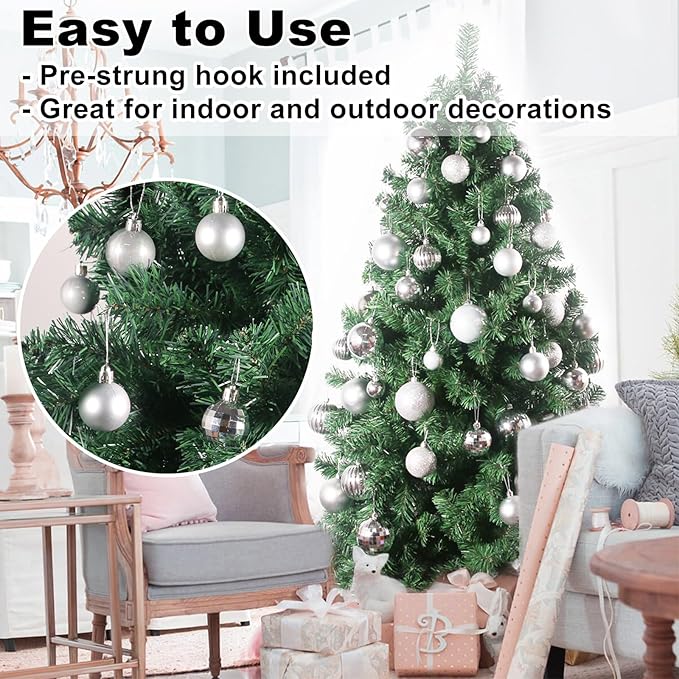Silver 1.6" Small Christmas Balls Christmas Tree Decoration Ornaments Shatterproof Hanging Balls for Birthday Halloween Holiday Wedding Decorations Set of 24pcs