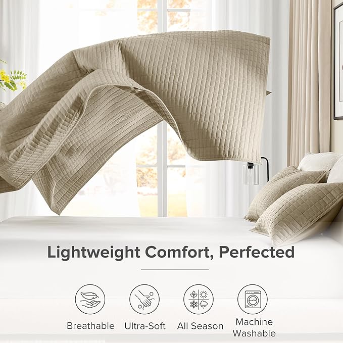Comfort Spaces King Quilt Set Modern Reversible Plaid Coverlet King Bedding Set Cozy Quilted Winter Layer, All Season Lightweight Soft King Size Quilt, Kienna, Cal King Beige 3 Piece