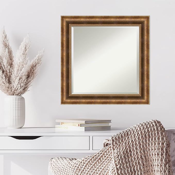 Amanti Art Bronze Wall Mirror 25x25 Manhattan Bronze Square Bathroom Mirror for Wall Decor Living Room, Medium Traditional Wood Frame, Hangs Horizonally and Vertically, Bathroom Decor, Beveled Edge