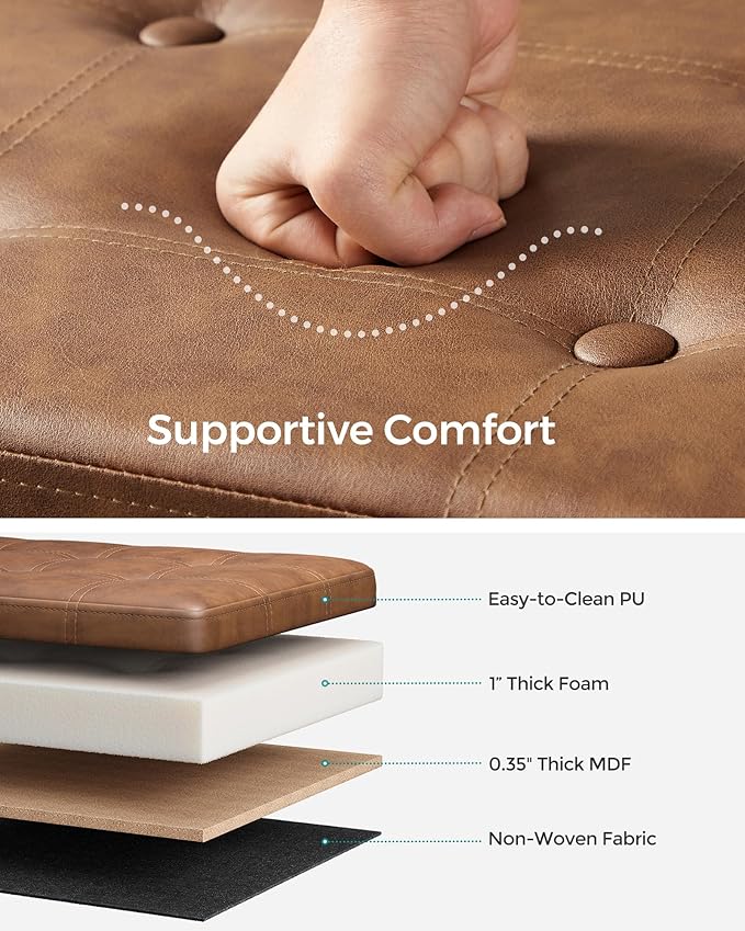 SONGMICS Mazie Collection - 43 Inches Folding Storage Ottoman Bench, Ottoman with Storage, Foot Rest Stool, Load 660 lb, Living Room, Bedroom, Entryway, Synthetic Leather, Coffee Brown ULSF070K01
