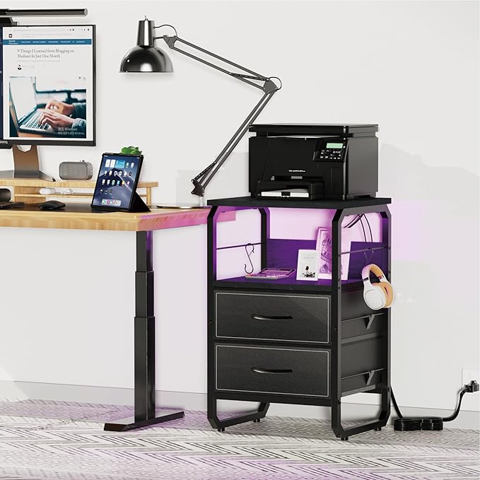 Nightstand with Light, LED End Table with Drawers and Charging Station Type C Port, Small Bedside Table with Hooks, Storage Dresser Side Table for Living Room, Bedroom, Dorm, Black