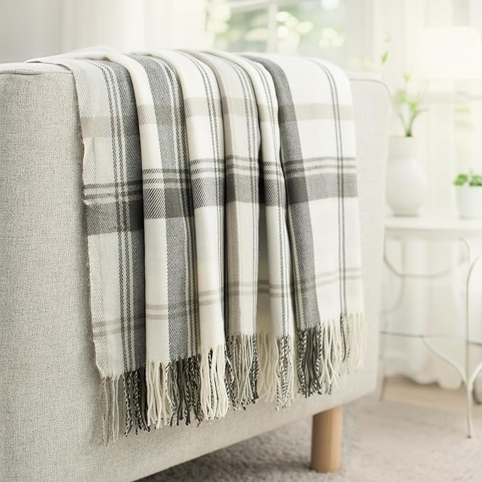 Grey and White Plaid Throw Blanket for Couch,50"X60" Super Soft Cozy Warm Home Decorative Throws with Tassels for Bed Sofa Picnic