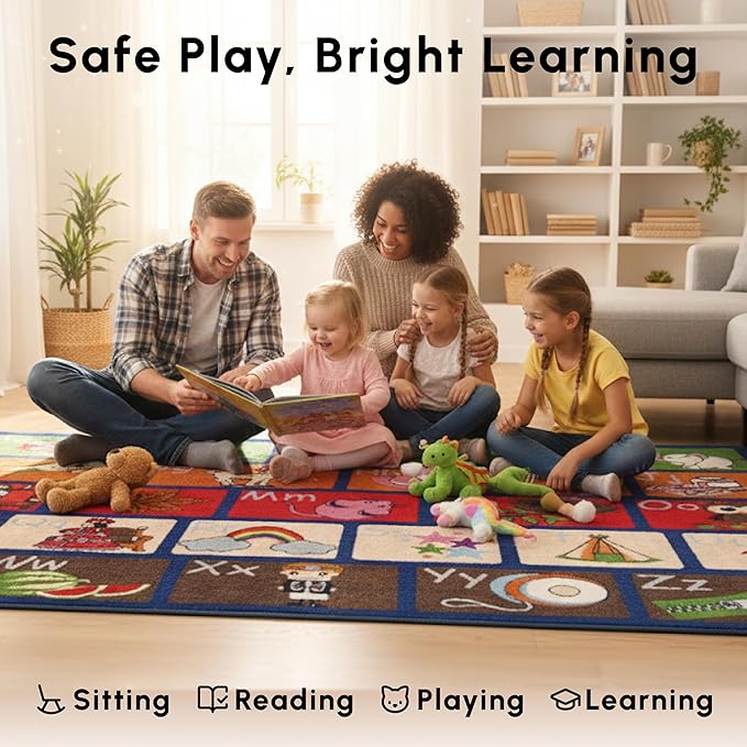 SAFECASTLE ABC Picture Phonics Alphabet Educational Area Rug for Kids 7'8" x 10'4" Preschool & Classroom Learning Carpet with Upper and Lowercase Letters, Rug for Early Learning, Daycare & Playrooms