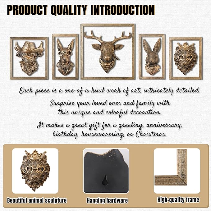Zotabe 5PCs Animal Heads Wall Decor, Animal Sculptures Wall Dec, Moose Head Wall Mount, Vintage Wall Sculpture, Resin Wall Hanging Decoration for Living Room Bedroom Kitchen Gift (5PS, 1)