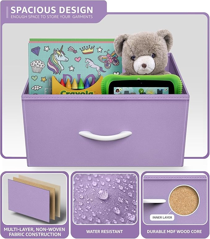 Sorbus Fabric Dresser for Kids Bedroom - Chest of 6 Drawers, Tall Storage Tower, Clothing Organizer, for Closet, for Playroom, for Nursery, Steel Frame, Fabric Bins - Wood Handle (Purple)