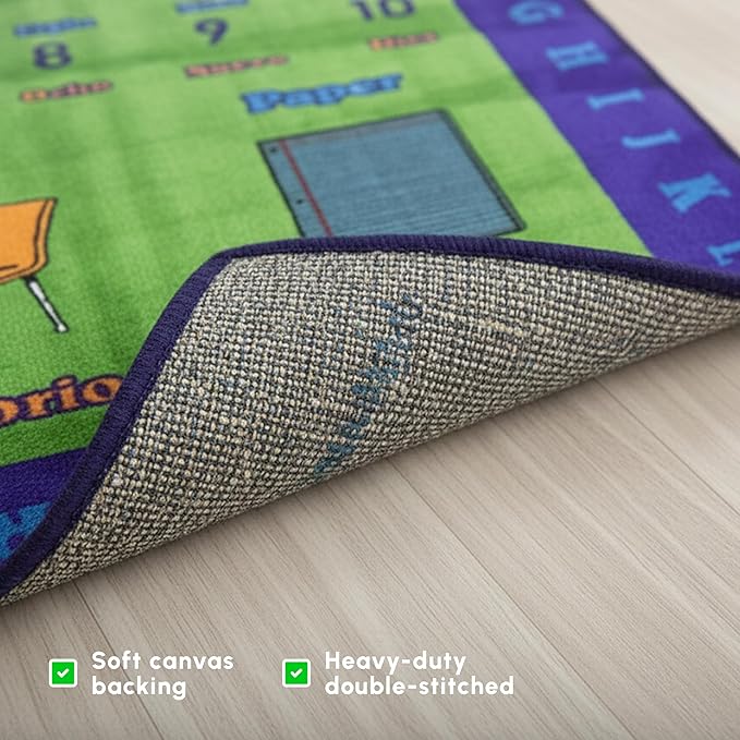 SAFECASTLE Alphabet Spanish Kids Educational Area Rug – 6'6" x 8'4" – Bilingual English & Spanish Learning Carpet with ABC Letters, Numbers & Classroom Objects – Classroom, Daycare & Preschool Rug