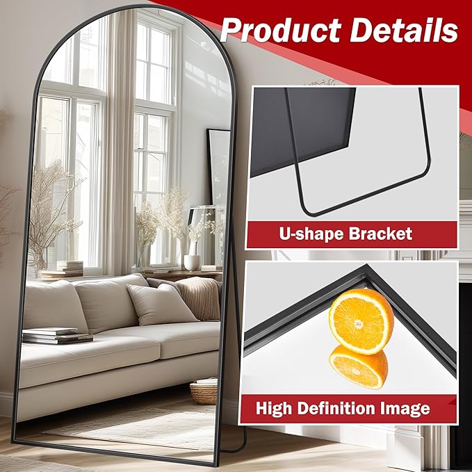 Suidia Arched Full Length Mirror, 76"x34" Floor Mirror Freestanding, Floor Standing Full Body Mirror with Stand for Bedroom, Hanging Leaning Mounted for Living Room Cloakroom, Black