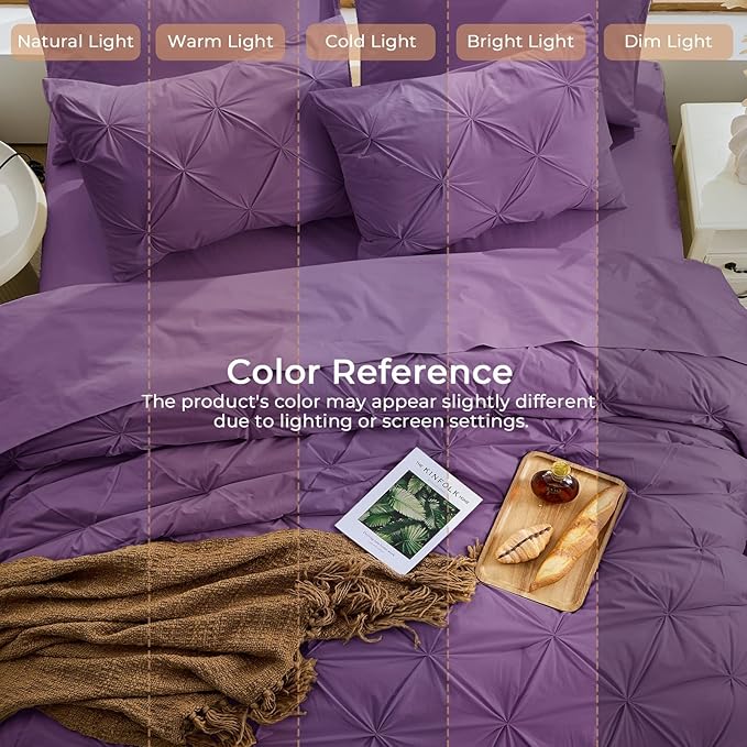 Sasttie Queen Comforter Set, 7-Piece Bed in a Bag, Pintuck Bedding Sets for All Season, Includes Comforter, Flat Sheet, Fitted Sheet, Pillowcases and Pillowshams, Grape Purple