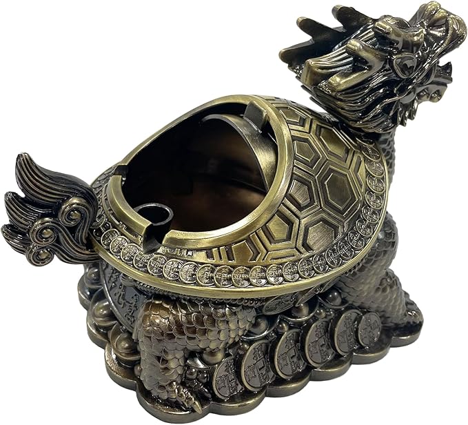 Feng Shui Dragon Turtle Multi Functional Metal Statue Wealth Prosperity Sculpture with Set of 5 Lucky Charm Ancient Coins on Red String Best Housewarming Congratulatory Gift Home Decor (D2 Brass)