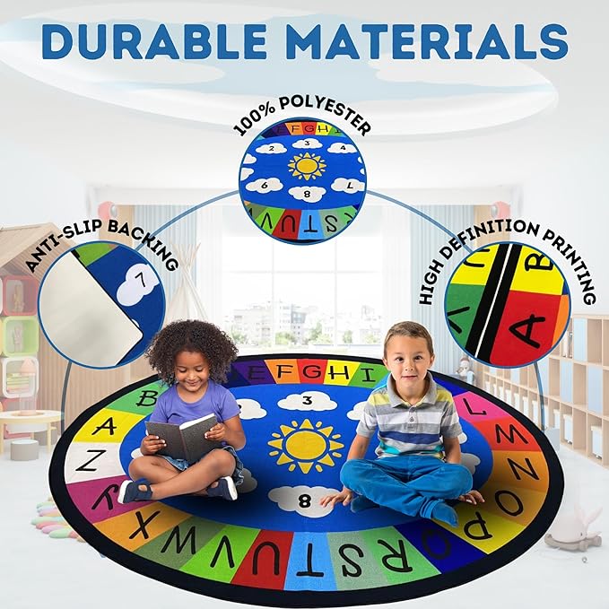 Genki - Kids Rugs for Playroom - ABC Learning Area Rug for Play Room, Classroom, Kindergarten, and Preschool - Kid Alphabet Educational Carpet for Childrens and Toddler Mat - Non Slip | 3'11"x3'11"