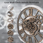 HOIBAI Wall Clock, 24 Inch Moving Gears Clock Large Wall Clock for Living Room Decor Rustic Vintage Industrial Steampunk Farmhouse Big Clock for Home Kitchen Bedroom Office