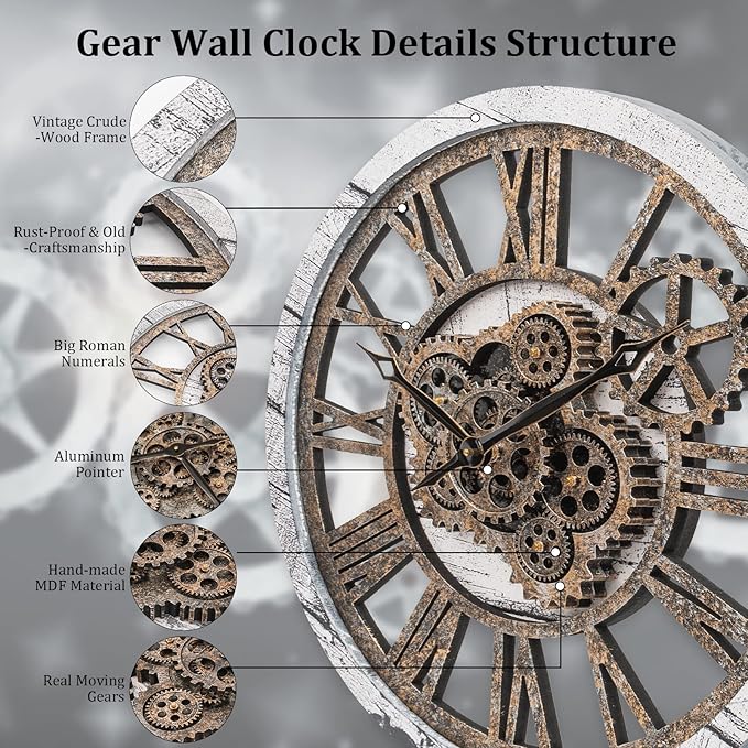 HOIBAI Wall Clock, 24 Inch Moving Gears Clock Large Wall Clock for Living Room Decor Rustic Vintage Industrial Steampunk Farmhouse Big Clock for Home Kitchen Bedroom Office