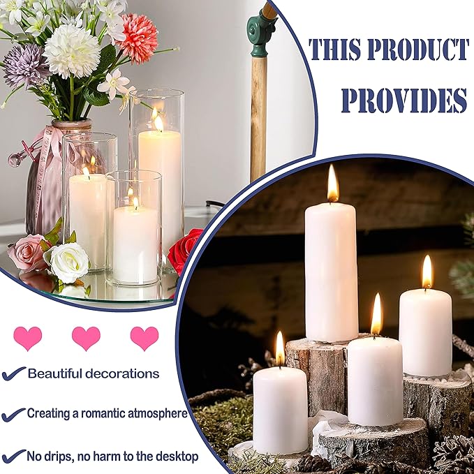 36 Pcs White Pillar Candles Bulk Set，2x3 2x6 2x8 Inch - 12 Each Size，Hurricane Candles，Dripless Unscented Smokeless，Gives You a Better Atmosphere When Organizing an Event Party.