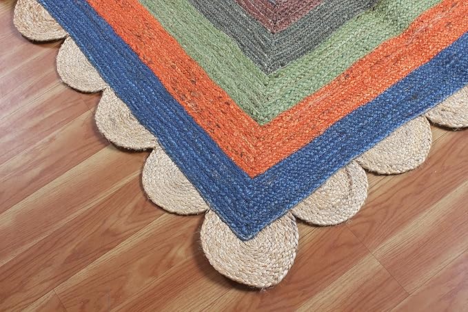 Scalloped Edge Rug, Hand Woven Natural Jute Area Rug, 8x8 Ft Square Beige & Multicolor Braided Kilim Rugs for Living Room, Kitchen, Entryway, Farmhouse