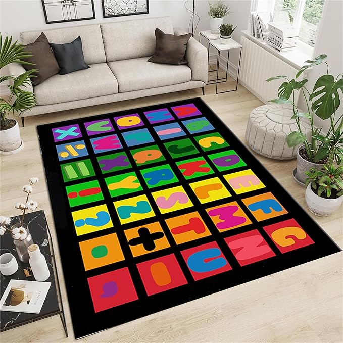 Kids Area Rug English Characters ABC and Math Symbols Learning Carpets, Lovely Black Foldable Large Area Rugs Perfect for Dining Room Bedside Kids Boys Bedroom Playroom Hallway, 5x8ft