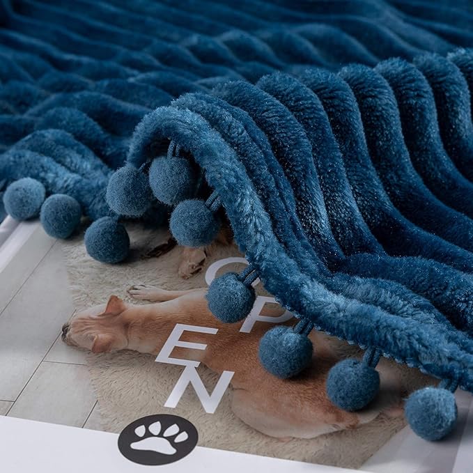 DISSA Fleece Blanket Queen Size – 71x80, Blue - Soft, Plush, Fluffy, Fuzzy, Warm, Cozy – Perfect Throw for Couch, Bed, Sofa - with Pompom Fringe - Flannel Blanket