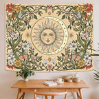 Accnicc Boho Sun and Moon Tapestry Vintage Floral Wall Tapestry for Bedroom Aesthetic Beige Celestial Plant Flower Butterfly Large Tapestries Wall Hanging for Living Room Dorm 80 x 60 Inch