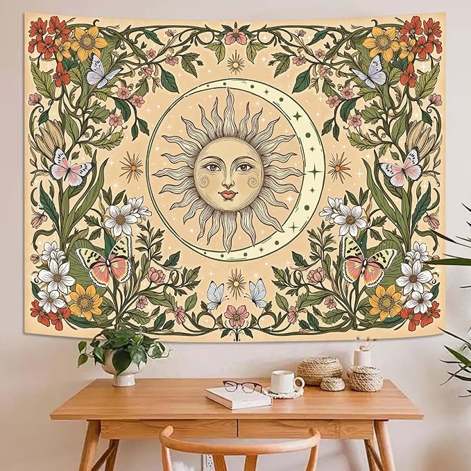 Accnicc Boho Sun and Moon Tapestry Vintage Floral Wall Tapestry for Bedroom Aesthetic Beige Celestial Plant Flower Butterfly Large Tapestries Wall Hanging for Living Room Dorm 80 x 60 Inch