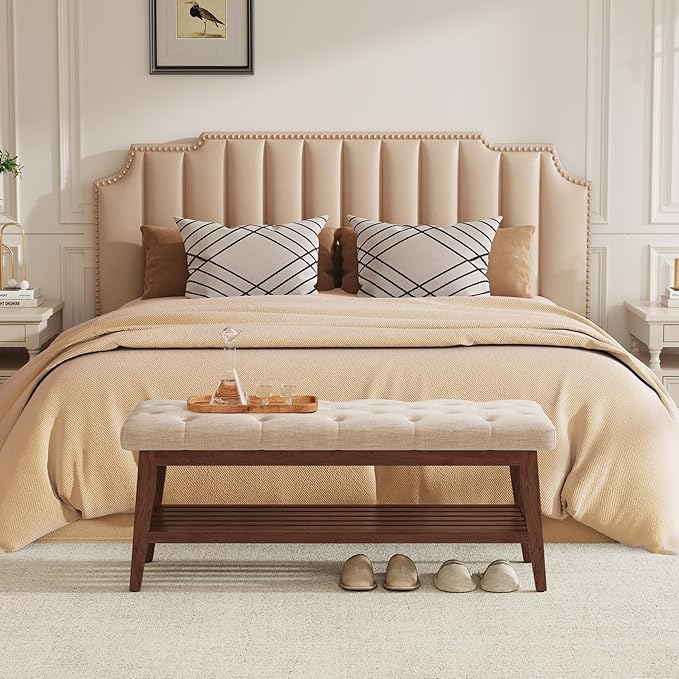LEILISI Entryway Shoe Bench with Storage, End of Bed Bench, Linen Upholstered Button-Tufted Seat Bench with Solid Wood Frame for Living Room, Bedroom (Beige, 39.4'')