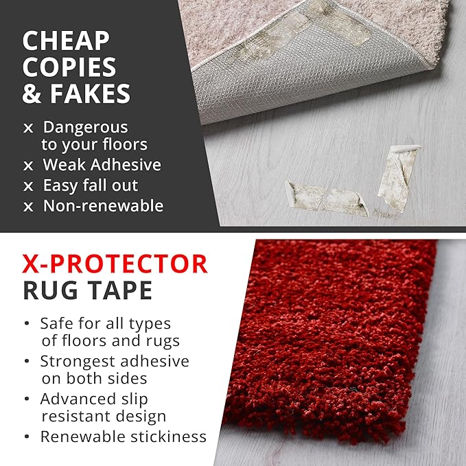 X-Protector Rug Tape - 12 Pcs Set - White Anti-Slip & Anti-Curling Carpet Tape for Hard Floors - Premium Rug Pad Gripper - Carpet Corner Grippers to Keep Your Carpet in Place & Make Corners Flat
