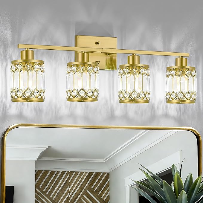 Crystal Modern Bathroom Light Fixtures, 4-Light Brushed Gold Bathroom Vanity Wall Light, Vanity Lights for Mirror, Restroom, Bedroom (E26 Socket, Bulbs Not Included)