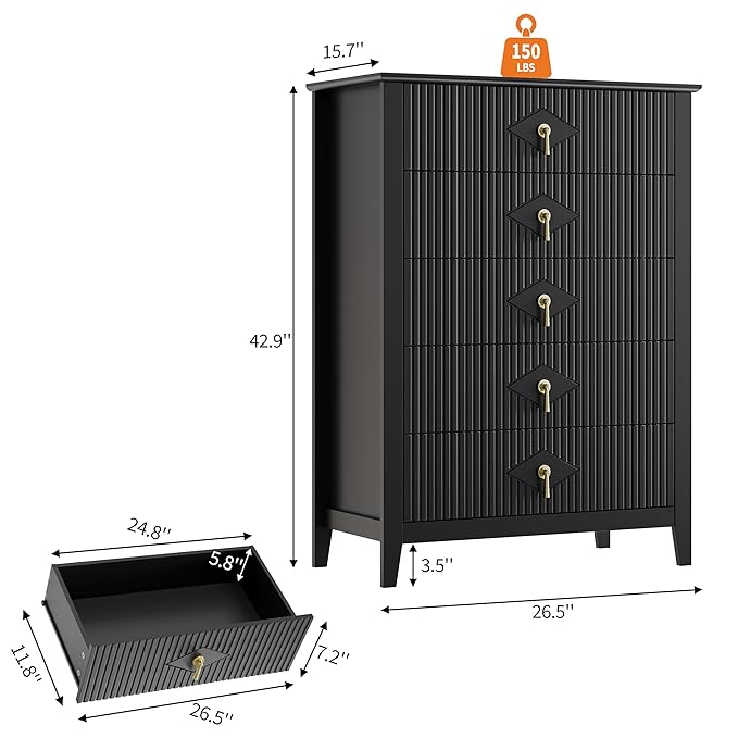 GarveeHome Fluted Dresser for Bedroom, 42.9" Tall 5-Drawer Wood Dresser, Modern Chest of Drawers, Storage Organizer Cabinet for Living Room, Hallway, Entryway, Black
