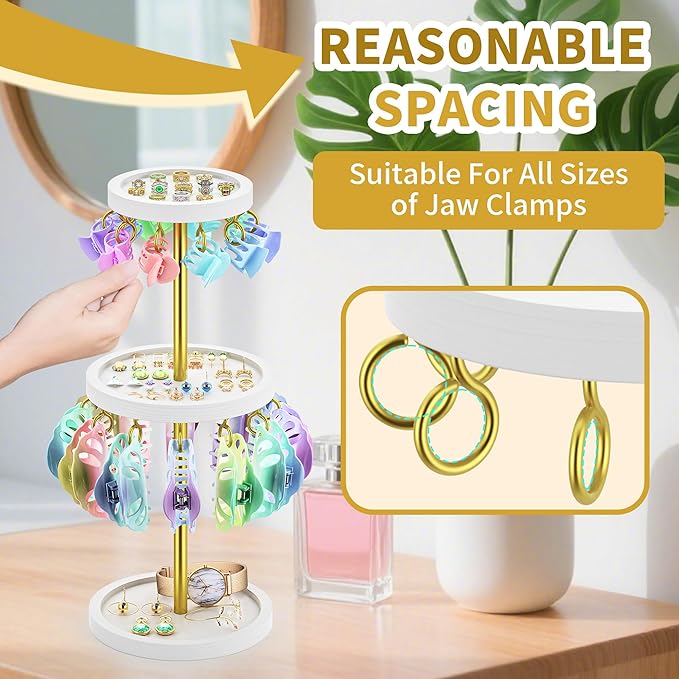 2 Tier Metal Claw Clip Organizer Holder for Women, Table Hair Clip Storage Holder with 22 Hooks and 3 Trays, Hair Accessories Organizer Display Stand for Dressing Table (White)