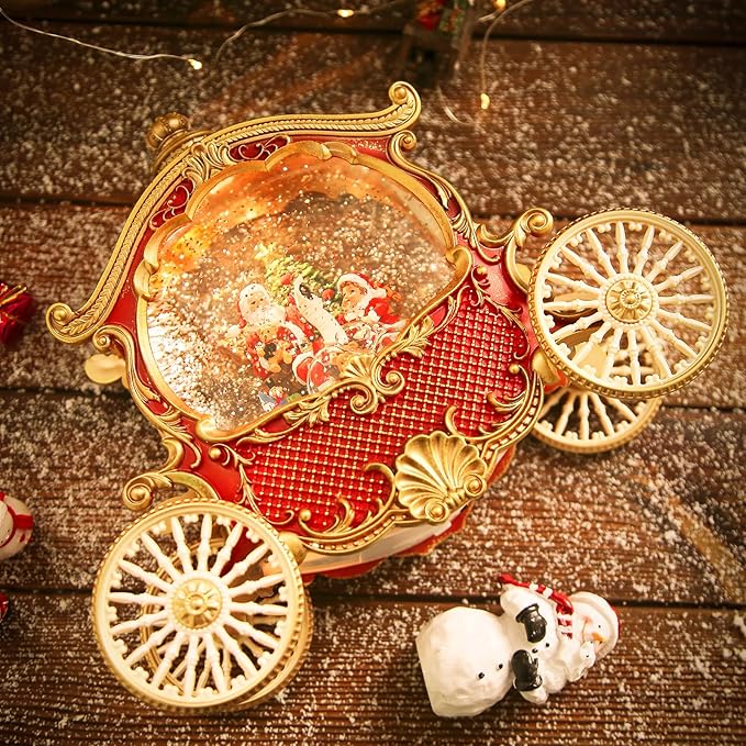 Christmas Snow Globe Carriage with Santa Claus – Vintage 8 Songs Musical Box, Automatic Snowfall, Led Light, USB or Battery Powered,for Christmas Festival Home Fall Decoration Gifts, Red